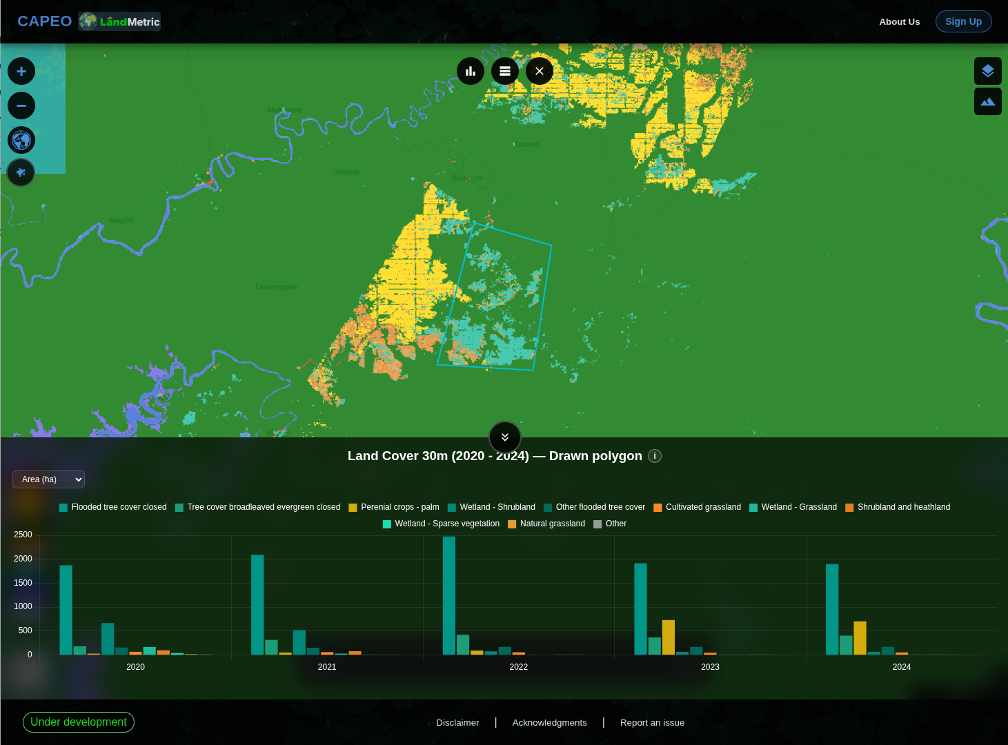 Land-cover classes within the selected area across different years